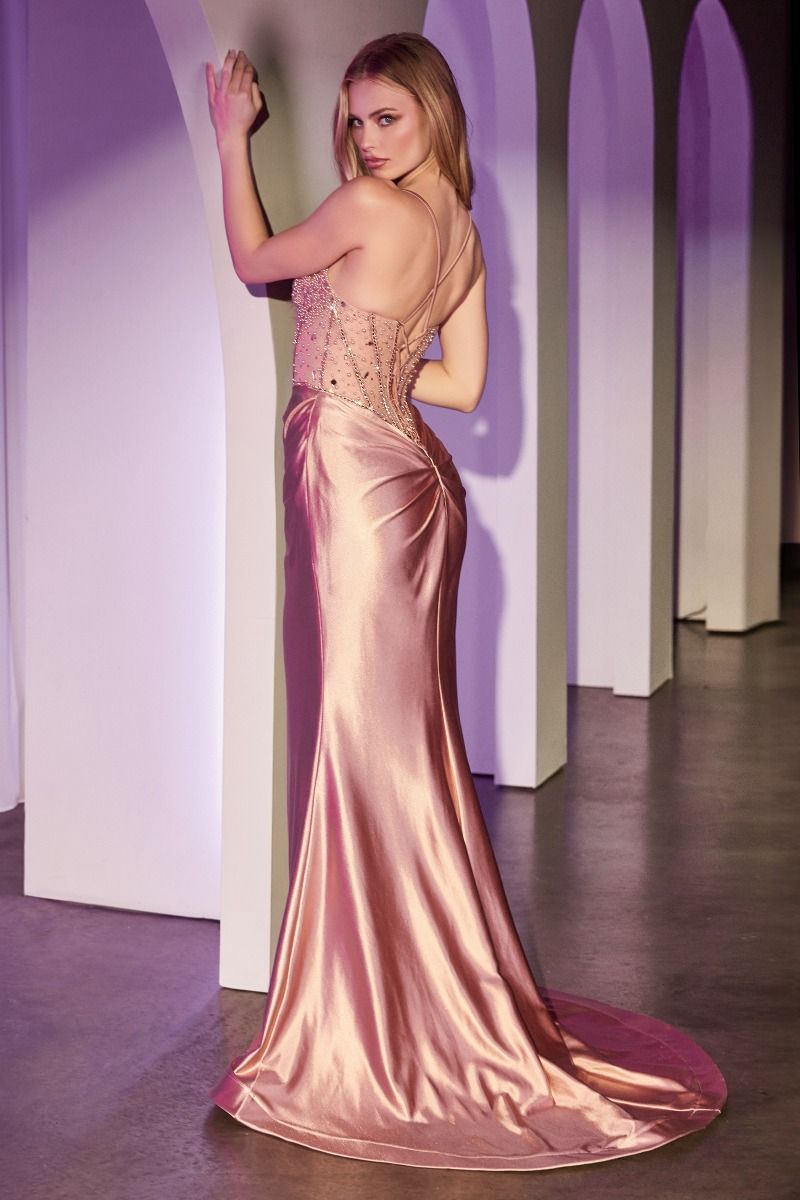 CC8884 Fitted Rose Gold Satin Dress with Beaded Bodice