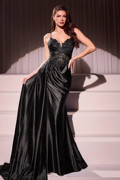 CDS524 Fitted Satin and Lace Evening Gown