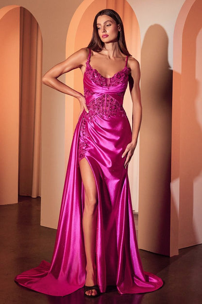 CDS524 Fitted Satin and Lace Evening Gown